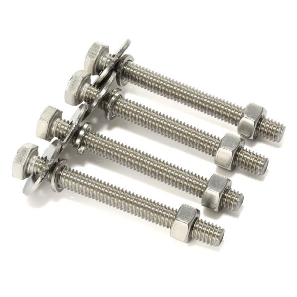 Mellewell 1/4-20 x 4 Hex Head Bolts with Hex Nuts and Thick Flat & Lock Washers, Fully Threaded, Stainless Steel 18-8, Plain Finish, 8 Sets