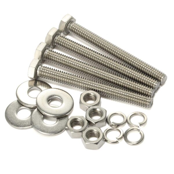 Mellewell 1/4-20 x 4 Hex Head Bolts with Hex Nuts and Thick Flat & Lock Washers, Fully Threaded, Stainless Steel 18-8, Plain Finish, 8 Sets