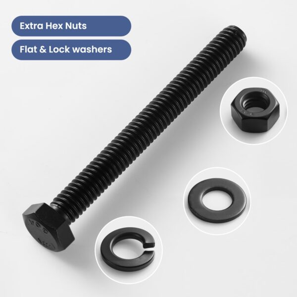 3/8-16 x 3 Hex Head Screws Bolts,Hex Nuts,Flat & Lock Washers,304 Stainless Steel 18-8,Black Zinc Plated,Fully Threaded(4 Sets)
